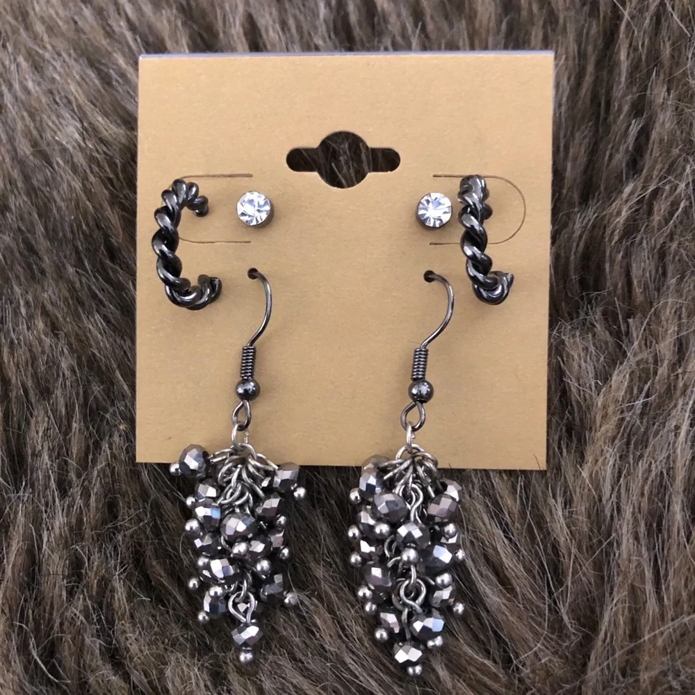 Chrome tone set of 3 pierced earrings